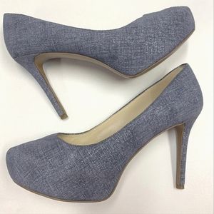 NINE WEST, JULIETTE, 7, Metallic Blue Suede, Almond Toe, Platforms, Pumps, Heels